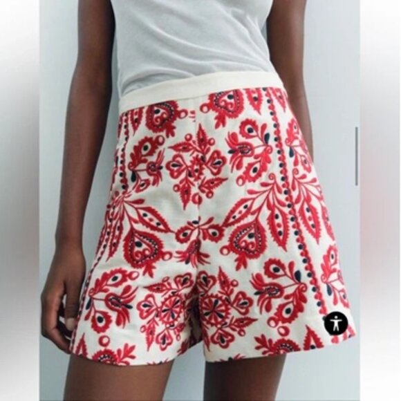 Zara High Waisted Linen Embroidered Shorts - M - Cream, Red & Black - Picture 2 of 7